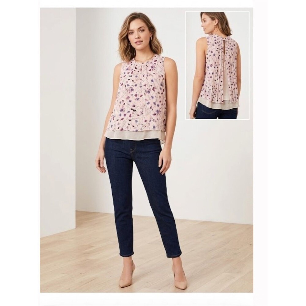 Rebecca Taylor Sleeveless Floral Ruffle-Neck Top - Cream with Purple Floral